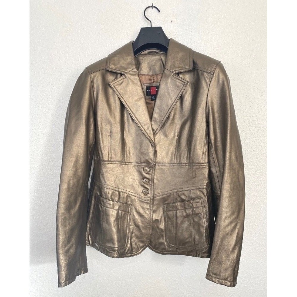 Gallery‎ Leather Jacket Metallic Bronze Moto Biker Fall Size L 3 Button Blazer